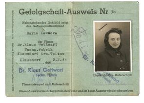 Gefolgschaftsausweis für die Firma Dr. Klaus Gettwart in Teltow, 2. Februar 1945