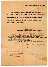 Ärtzliche Bescheinigung eines italienischen Lagerarztes für Tiziano di Leo, 9. August 1944