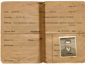 Ausweis von Marino Arletti, als Wohnung ist die Junostr. 7 in Berlin-Hermsdorf vermerkt. Hier befand sich ein Lager der Volta-Werke.