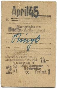 Monatskarte April Berliner S-Bahn, Berlin-Adlershof, April 1945