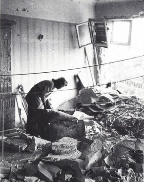 Viele Berliner Wohnungen und Häuser sind am Kriegsende zerstört. Eine Frau sucht nach brauchbaren Überresten, Mai 1945